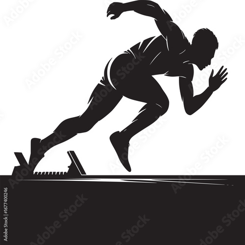 Silhouette of a sprinter starting a race from starting blocks in a black and white illustration