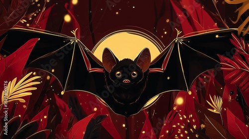 Dark fantasy illustration of a bat with wide wings flying in the night sky against a glowing full moon, surrounded by red tones, trees, and mystical atmosphere.