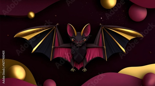 Dark fantasy illustration of a bat with wide wings flying in the night sky against a glowing full moon, surrounded by red tones, trees, and mystical atmosphere.