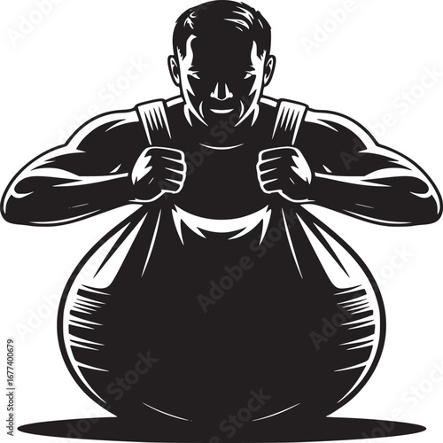 A muscular man carrying a large bag with straps in a black and white illustration on a white background
