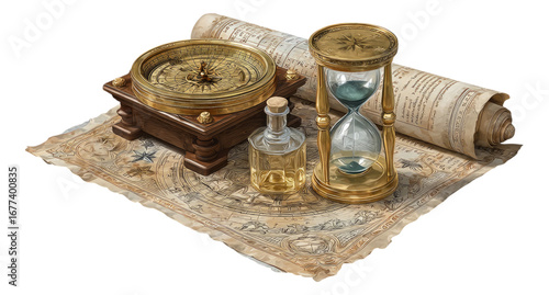 Vintage Compass, Hourglass, and Bottle on Ancient Map Illustration