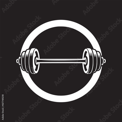 A white barbell with weights inside a white circle on a black background minimalist illustration