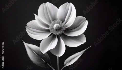 delicate and detailed black and white illustration of a single flower with smooth petals and two leaves on a stem conveying simplicity and elegance