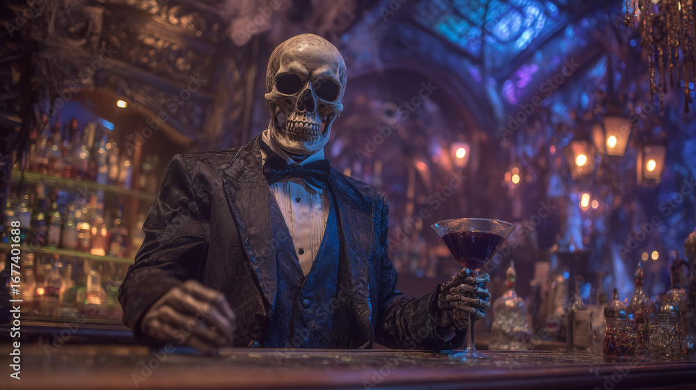 Obraz premium Skeleton bartender serving drinks at haunted tavern. halloween skeleton, bartender, tavern, spooky, eerie, skull, october, festive, creepy, scary, haunted, horror, bar scene