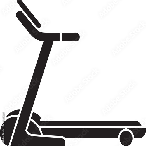 A minimalist black treadmill icon against a white background in a simple vector illustration