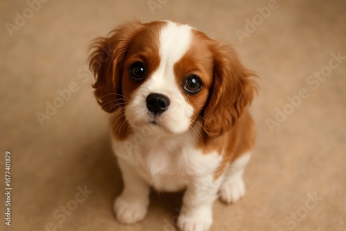 Cavalier King Charles Spaniel Puppy Sitting on Beige Carpet with Tilted Head