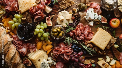 A diverse array of cheeses, cured meats, fruits, and breads arranged artfully on a wooden surface, showcasing a gourmet charcuterie board.