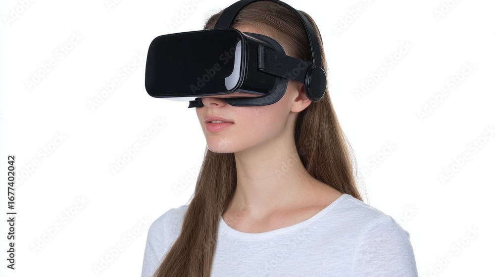 Fototapeta premium A young woman using VR goggles for gaming or education purposes.