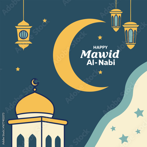 Golden lanterns hang as a mosque and moon signify happy Mawid Al Nabi