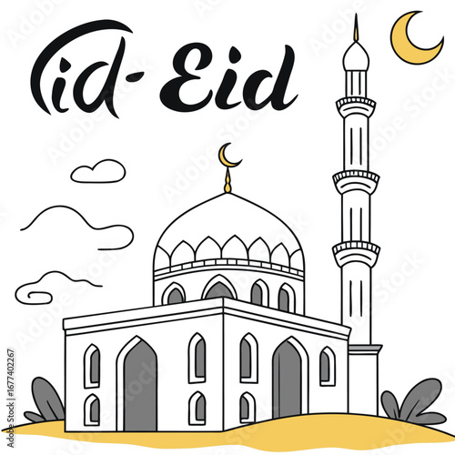 outline shows a domed mosque structure beside Eid lettering and yellow crescent