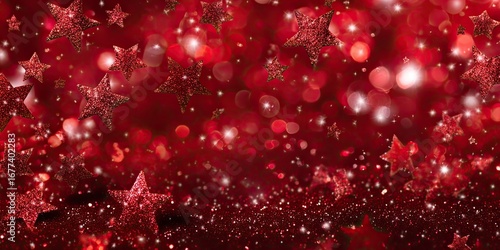 Red festive background with stars and bokeh