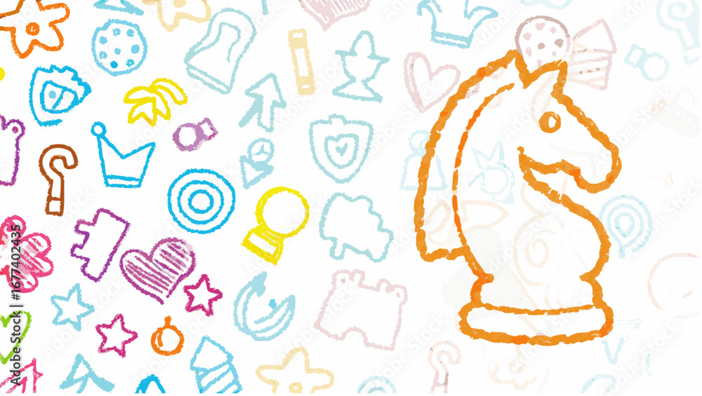 Fototapeta premium A colorful drawing featuring a prominent orange knight chess piece surrounded by whimsical doodles and shapes