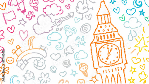 Hand drawn style illustration featuring big ben surrounded by various doodles and colorful elements design