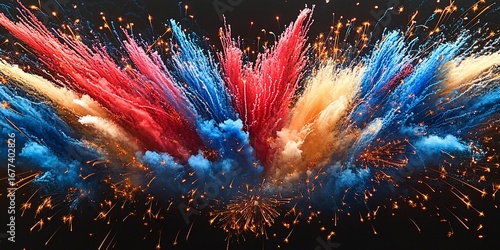 Vibrant fireworks exploding with colorful bursts of light and energy against a black sky