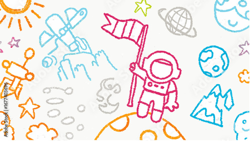 Doodle style illustration of an astronaut with a flag on a planet surrounded by space elements