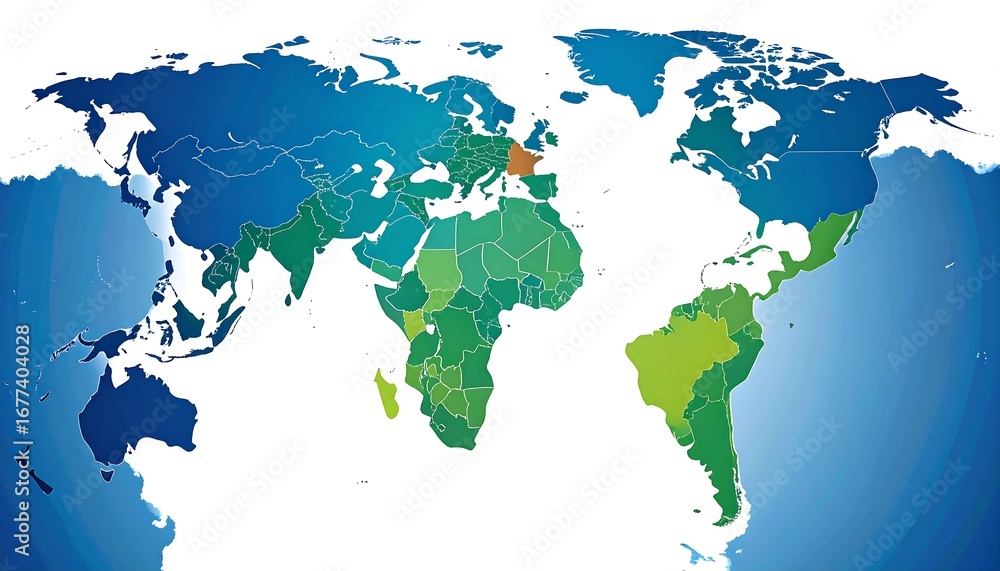 Obraz premium Global map displaying varying shades of color representing data for each country.