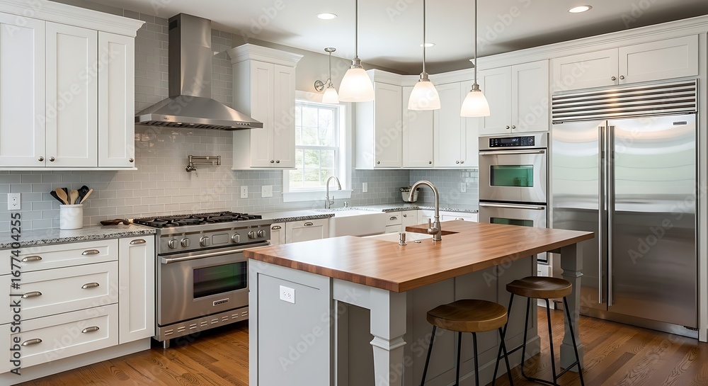 Fototapeta premium Modern white kitchen with island, stainless steel appliances, and hardwood floors