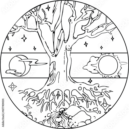 Circular Nature Scene with Trees and Animals – Eco Vector Design