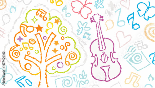 Colorful drawing of a tree with musical notes and stars next to a violin and butterfly designs