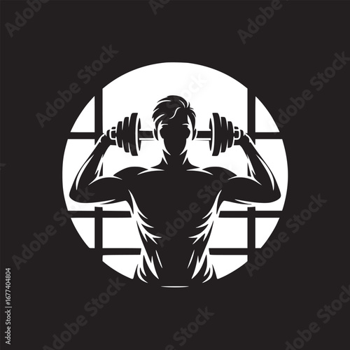 Silhouette of a muscular man lifting dumbbells against a circular window background in black and white