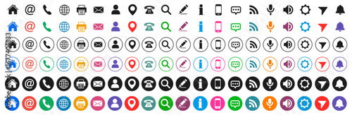 Contact icon set, contact us color buttons. Business card or website icons set address, location, number, fax, email, phone, website, message, name icon collection, communication contact