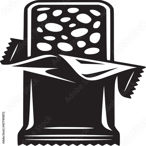 Black and white graphic of a protein bar with visible nuts and partially opened wrapper design art