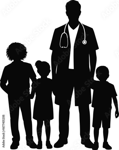 Doctor with children, pediatric care, medical silhouette, healthcare icon, child wellness, stethoscope figure, black and white, vector illustration, family support, flat style, unity