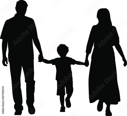 Family silhouette, walking together, parental care, unity, love, support, black figures, child safety, bonding, togetherness, parenting, trust, relationship, protection, simplicity,