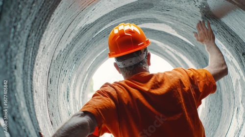 Construction worker inspecting concrete pipe