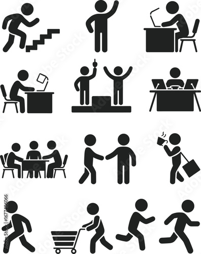 Human activity icons, silhouette people, daily actions, teamwork, business, communication, walking, running, working, shopping, vector illustration, black and white, flat style