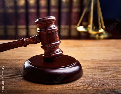 Legal concept featuring judges gavel on polished wood surface