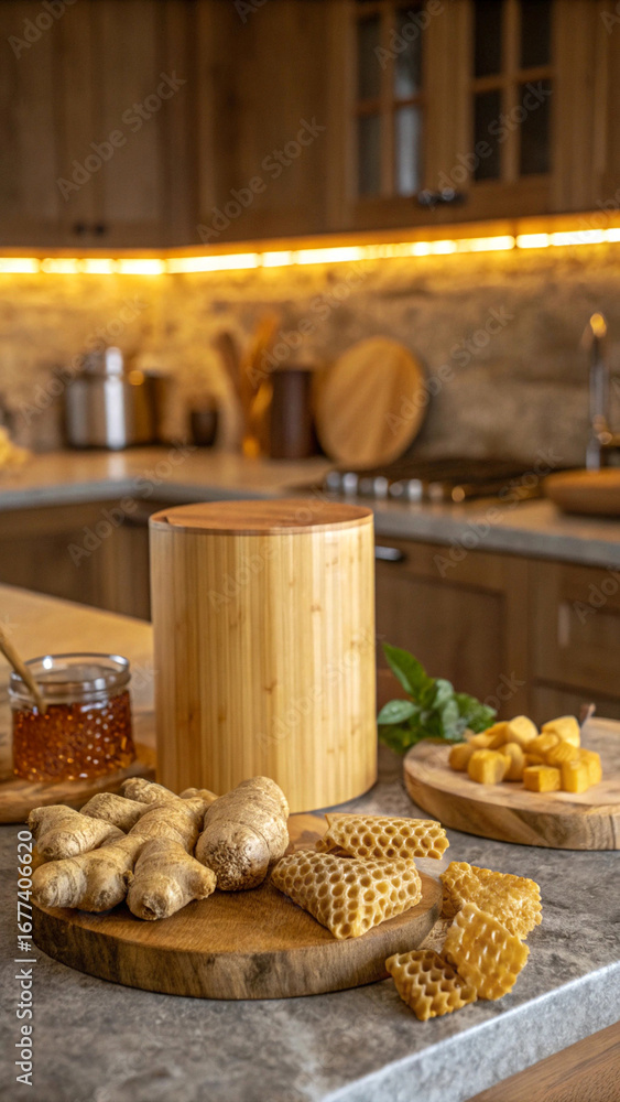 Naklejka premium Rustic Kitchen Still Life: Honeycomb, Ginger, and Honey in Warm Lighting