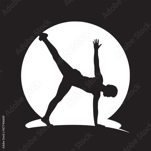 Silhouette of a person in a yoga pose against a white circle on a black background artistic design