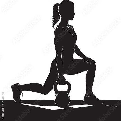 Silhouette of woman doing lunges with kettlebell in black and white minimalist fitness image