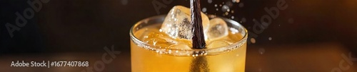 Close-up of a vanilla bean being vigorously shaken in a cocktail shaker, ice clinking, preparing a delicious vanilla-infused drink , recipe, natural