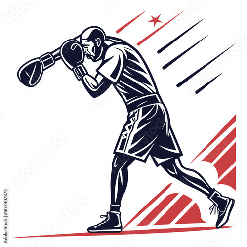 Boxer in defensive stance with red graphic elements
