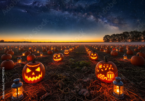 A realistic glowing pumpkin patch at night with starry skies and autumn mist, perfect for Halloween-themed backgrounds and seasonal designs, Ai Generate.