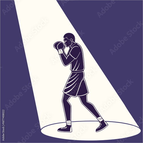 Boxer in spotlight in fighting stance boxing fighter