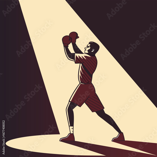 Boxer in spotlight with raised guard in boxing stance