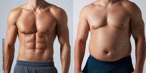 Mans Body Transformation in a Side-by-side View, from Overweight to Muscular, Showcasing Fitness Journey and Weight Loss Achievement.