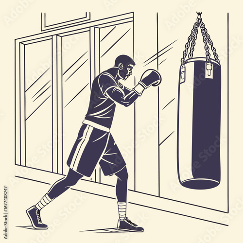 Boxer practicing on a punching bag in a gym setting