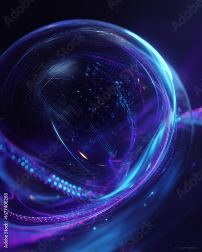 Luminous spherical shape with swirling neon blue purple lines for fantasy book covers, sci-fi game assets, digital art, VR content

