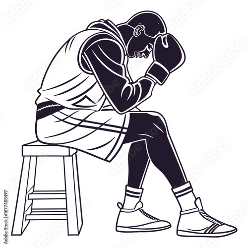Boxer sitting on stool with head down in defeat boxing