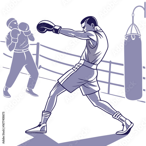 Boxer throwing a punch with a training partner and punching bag