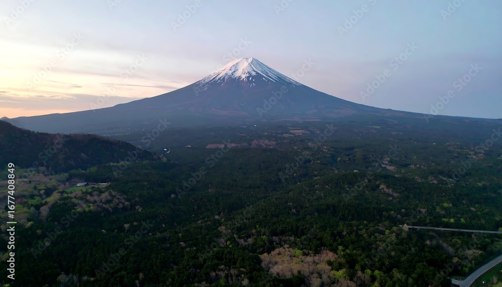 Fototapeta premium Majestic mountain range with a snow-capped peak dominates the landscape, showcasing the serene beauty of the natural world.