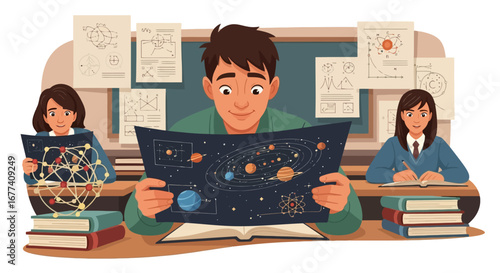 Curious Students Exploring Scientific Concepts and Astronomical Wonders in an Engaging Educational Environment