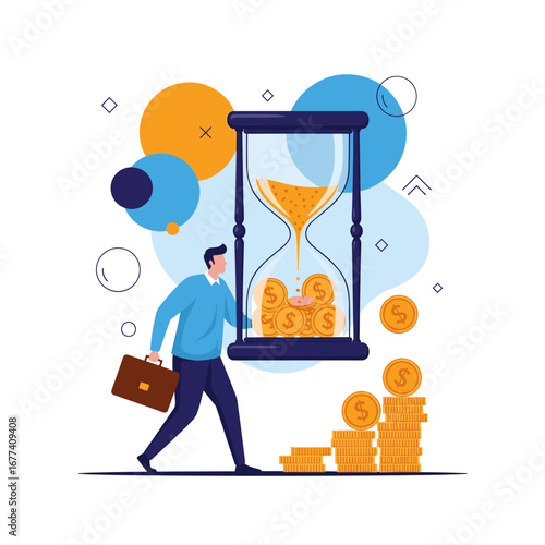 Man walking towards financial growth symbolized by hourglass and stacked coins representing time management for prosperity