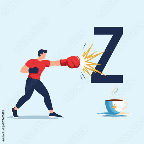 Man wearing red shirt and blue pants with boxing gloves punching a large dark letter z next to a steaming coffee cup