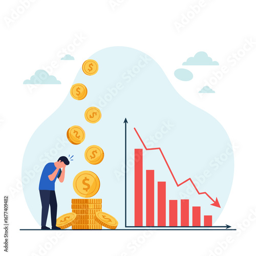 Financial downturn illustrated by declining profits and falling coins with a distressed individual overwhelmed by economic loss