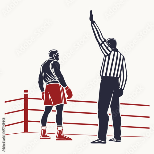 Boxing referee raising winner's hand in ring victory